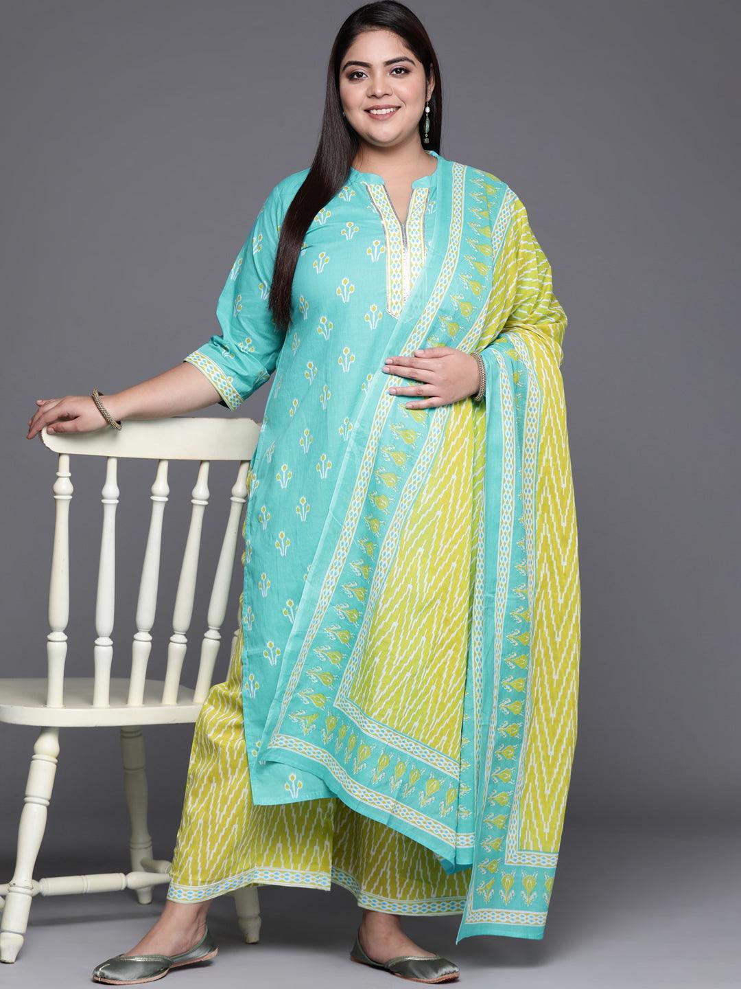 Plus Size Blue Printed Cotton Suit Set