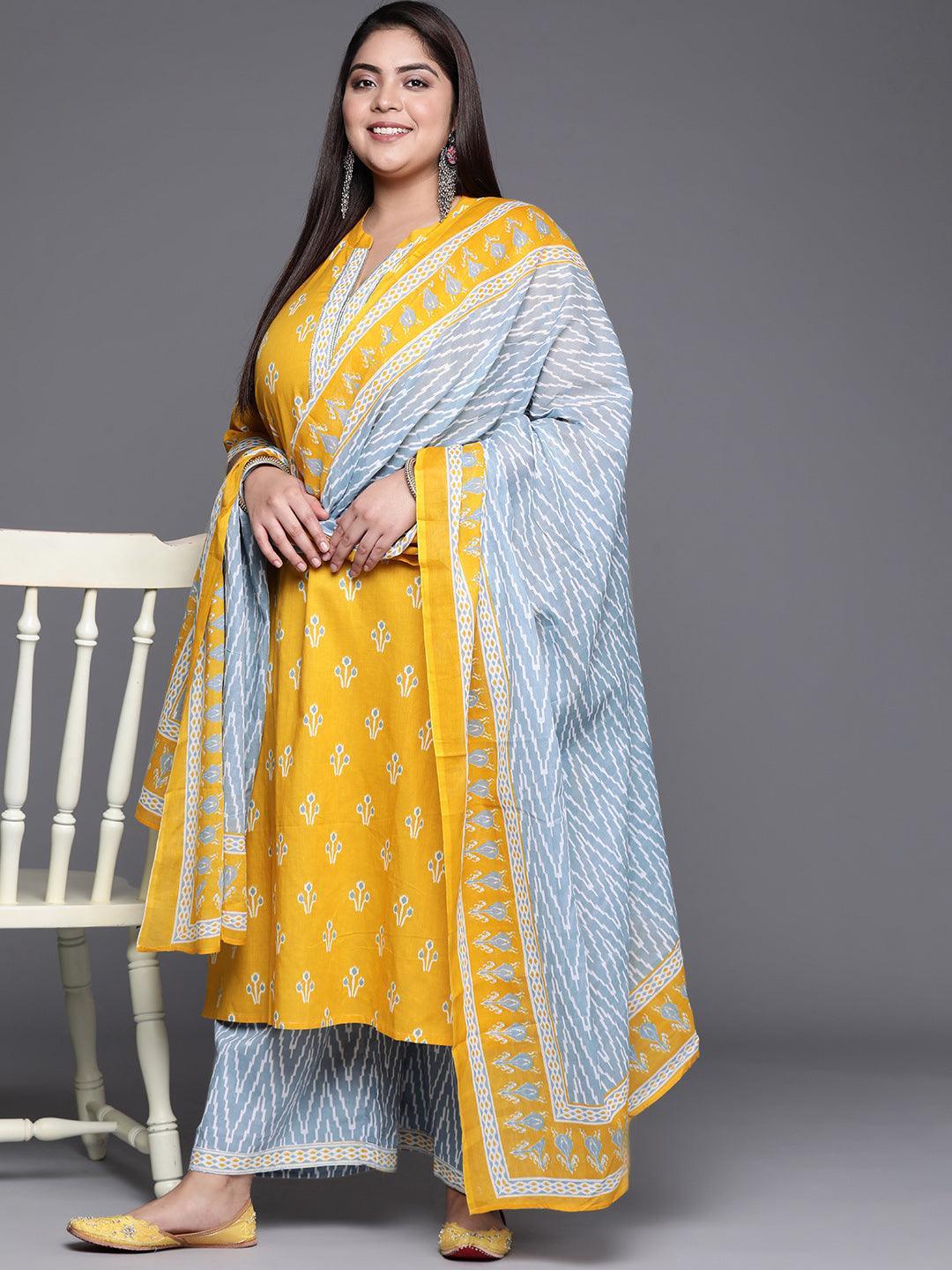 Plus Size Yellow Printed Cotton Suit Set