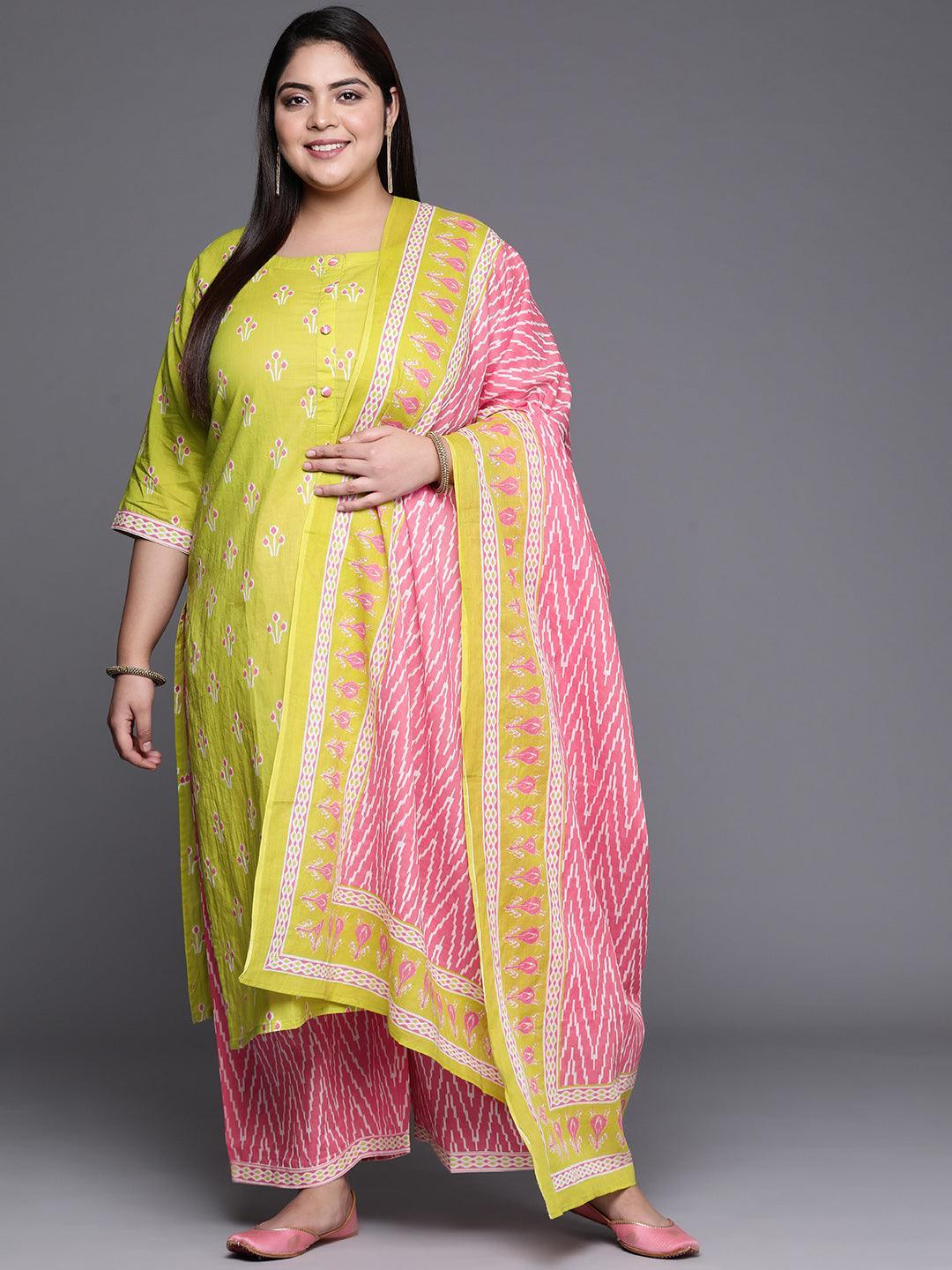 Plus Size Green Printed Cotton Suit Set