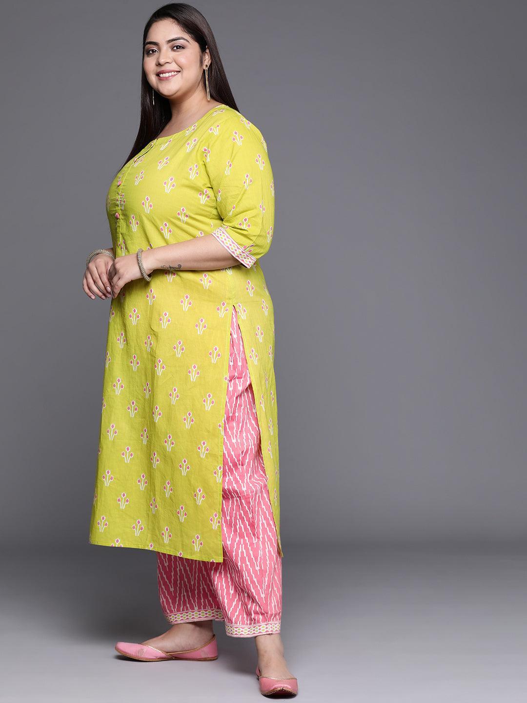 Plus Size Green Printed Cotton Suit Set