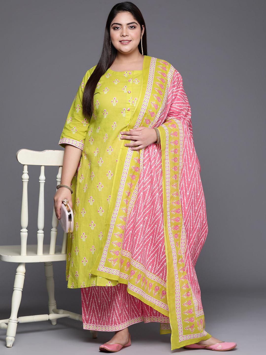 Plus Size Green Printed Cotton Suit Set