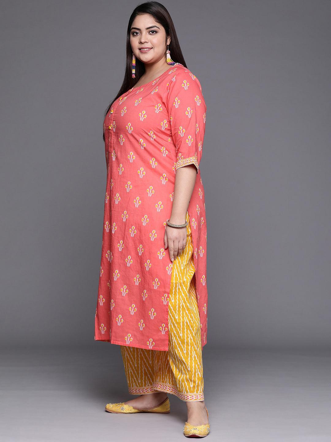 Plus Size Pink Printed Cotton Suit Set