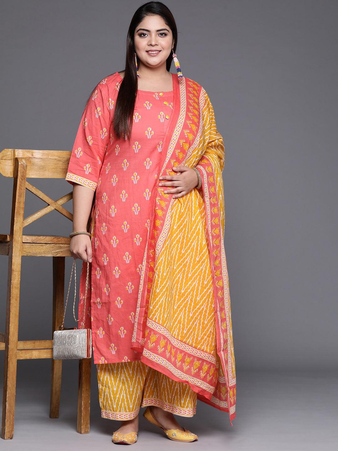 Plus Size Pink Printed Cotton Suit Set