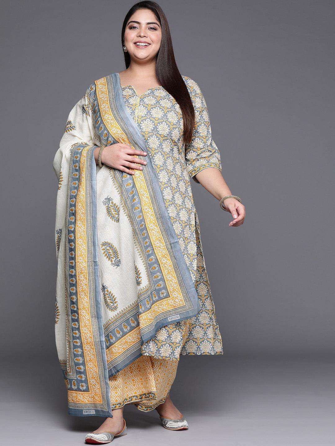 Plus Size Grey Printed Cotton Suit Set