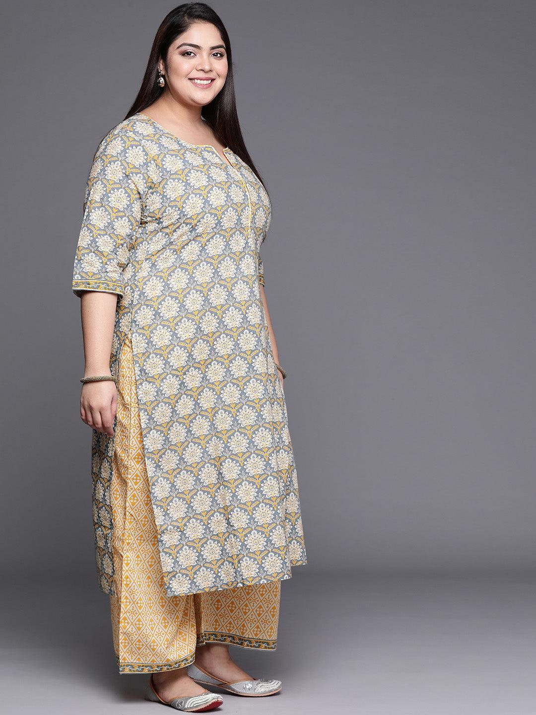 Plus Size Grey Printed Cotton Suit Set