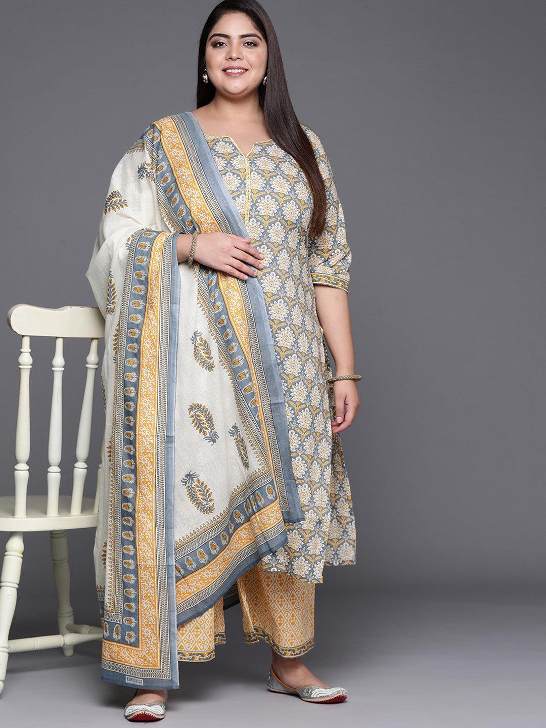 Plus Size Grey Printed Cotton Suit Set