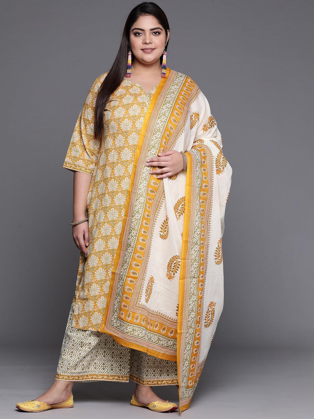 Plus Size Yellow Printed Cotton Suit Set