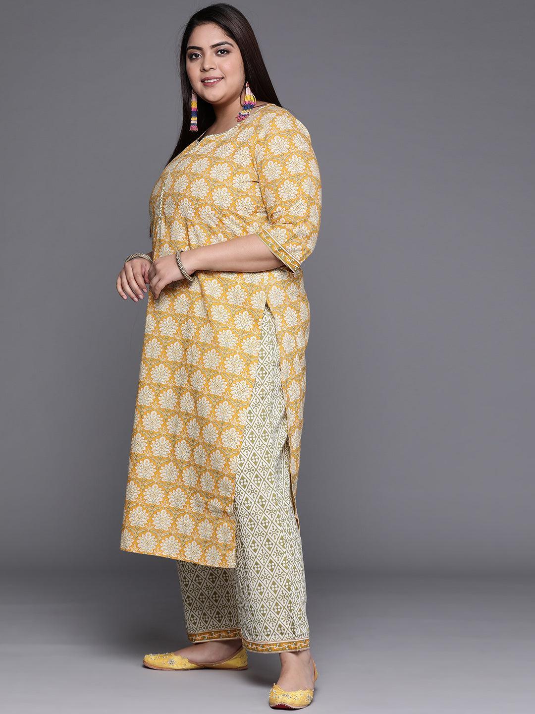 Plus Size Yellow Printed Cotton Suit Set