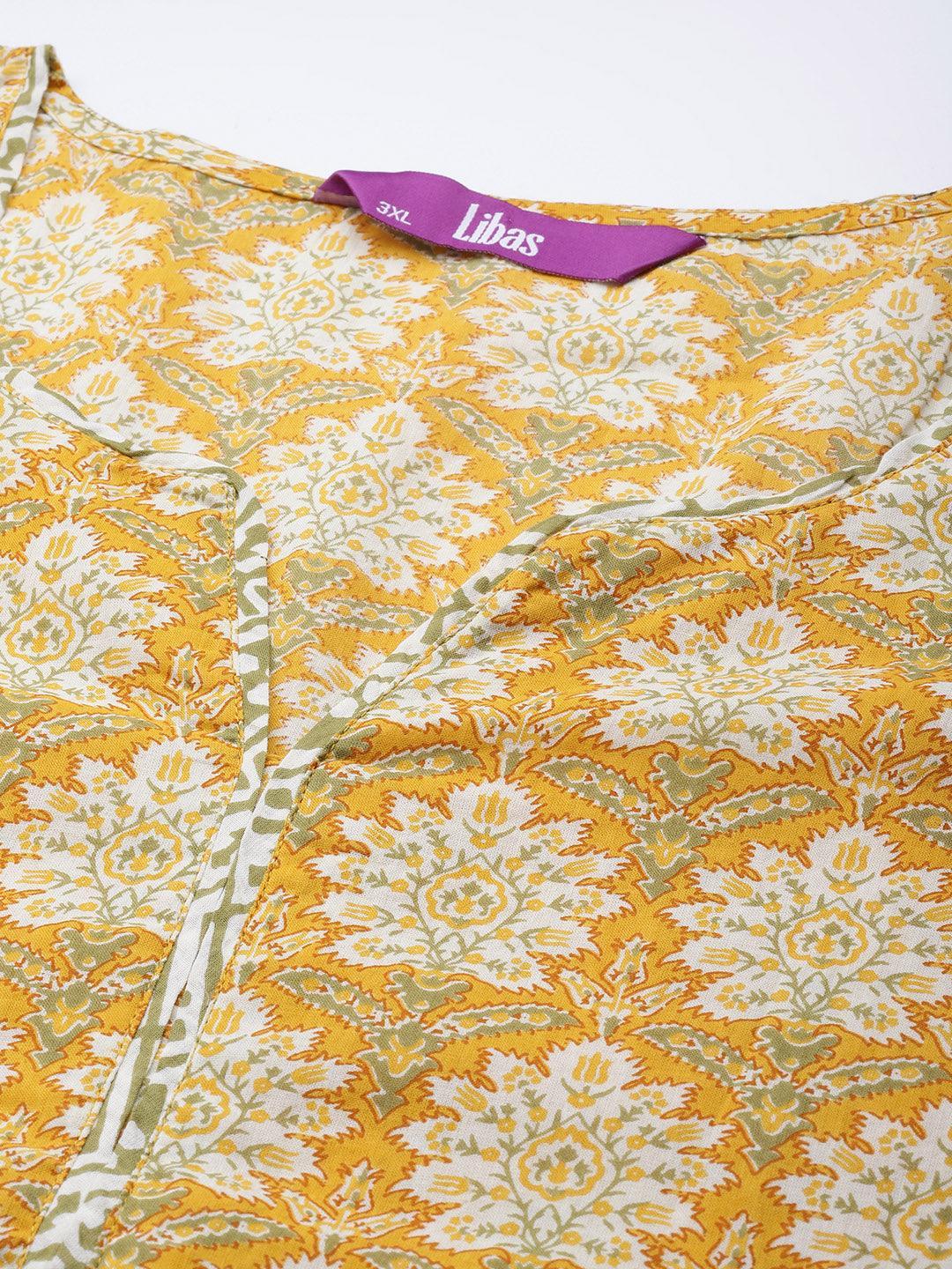 Plus Size Yellow Printed Cotton Suit Set