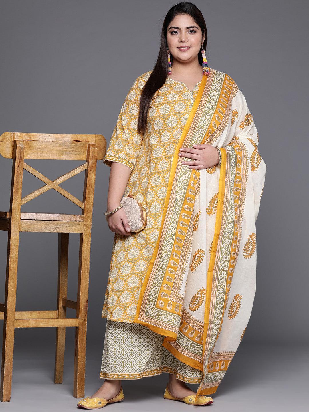 Plus Size Yellow Printed Cotton Suit Set