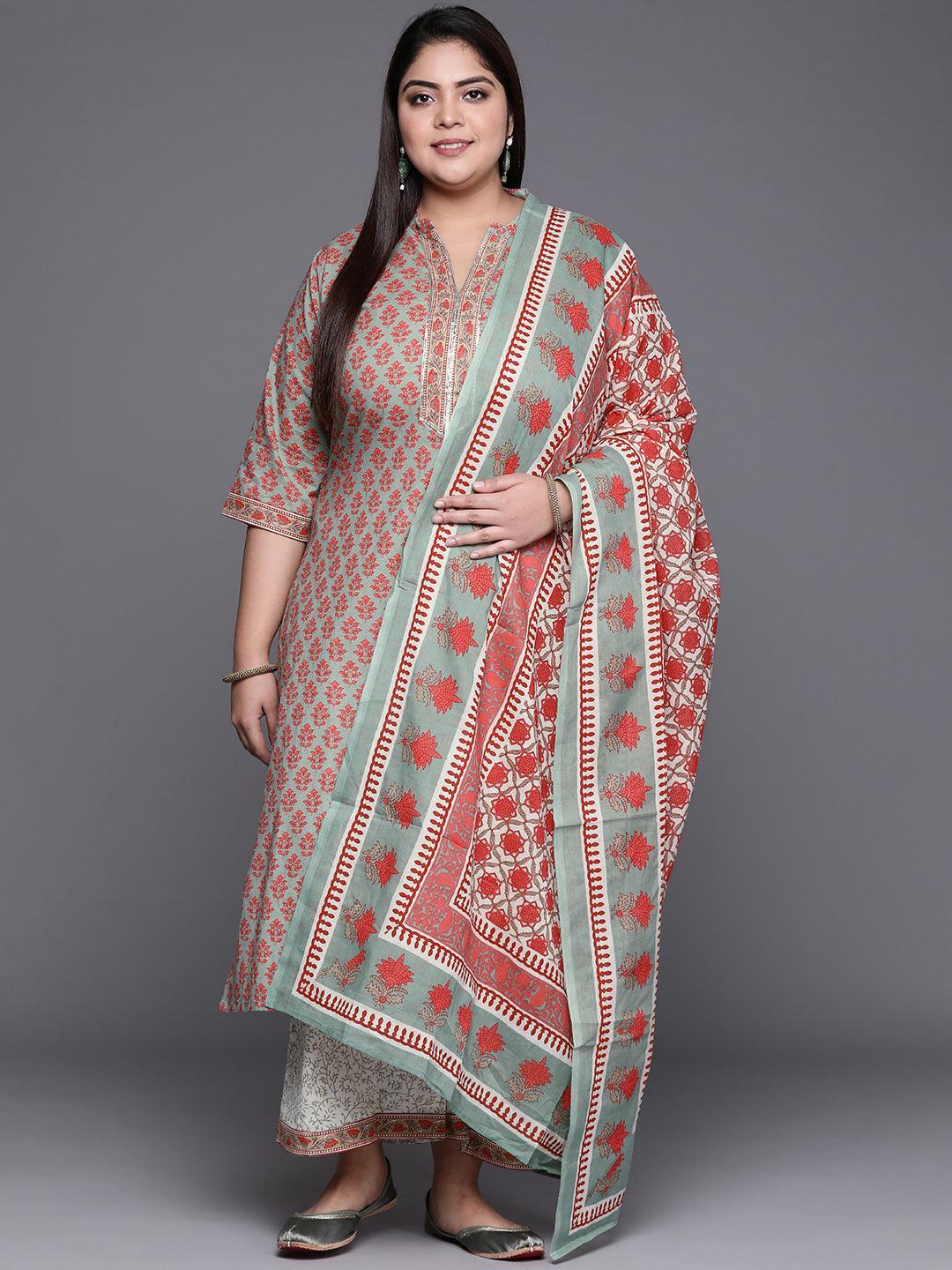 Plus Size Green Printed Cotton Suit Set