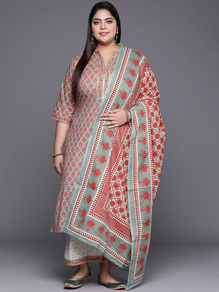 Plus Size Green Printed Cotton Suit Set - ShopLibas