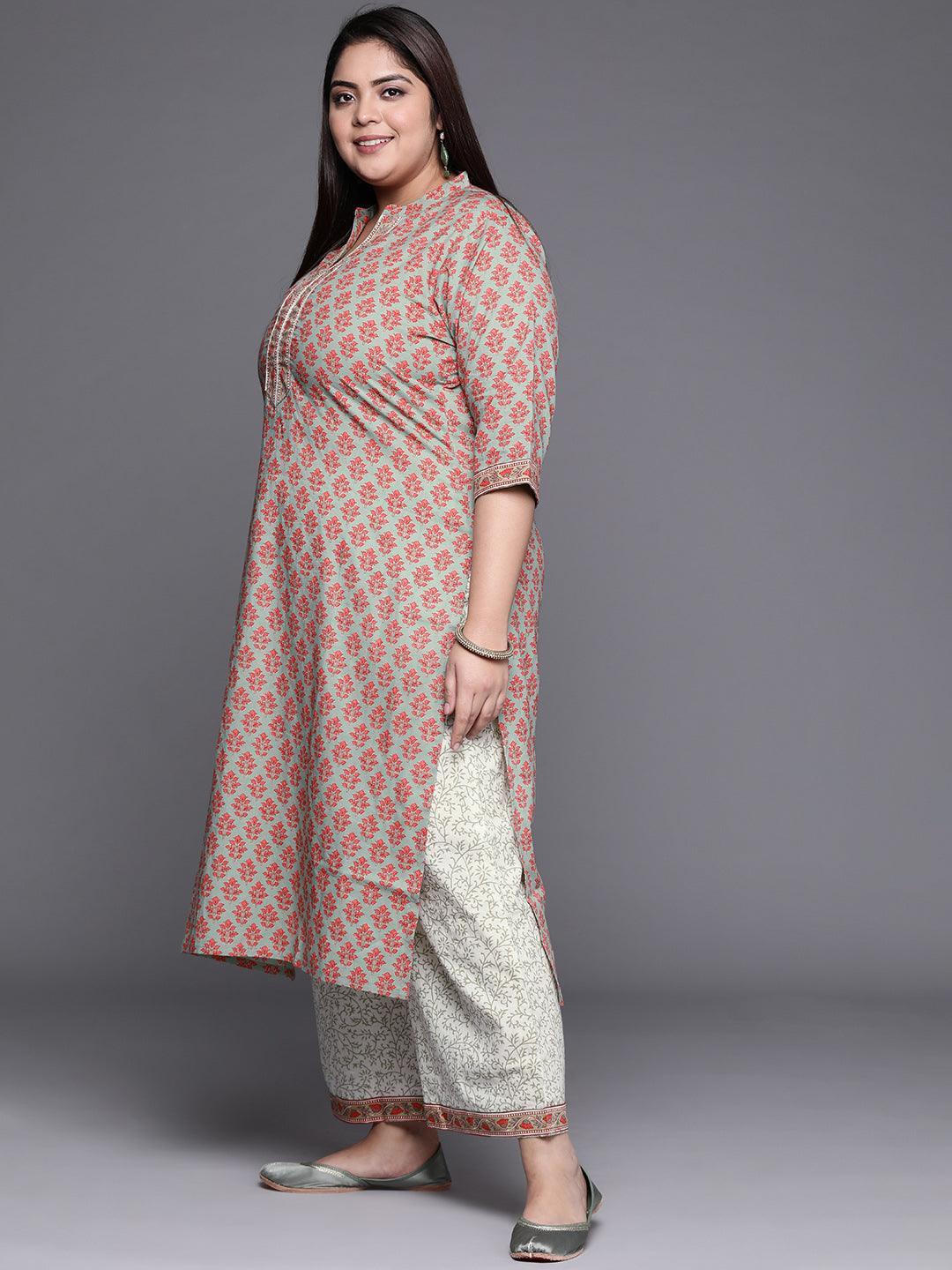 Plus Size Green Printed Cotton Suit Set