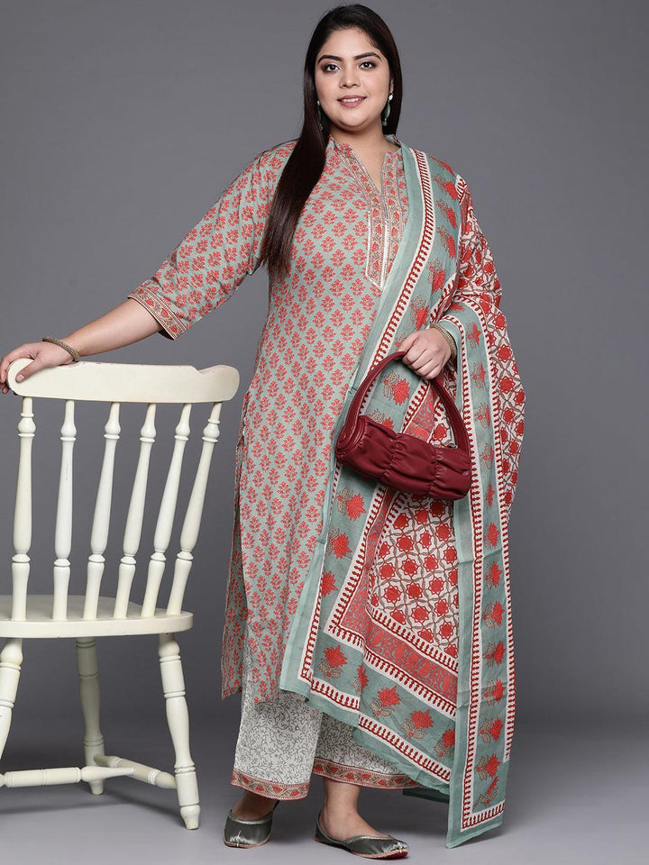 Plus Size Green Printed Cotton Suit Set - ShopLibas