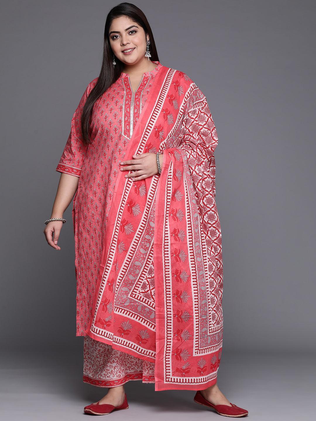 Plus Size Pink Printed Cotton Suit Set