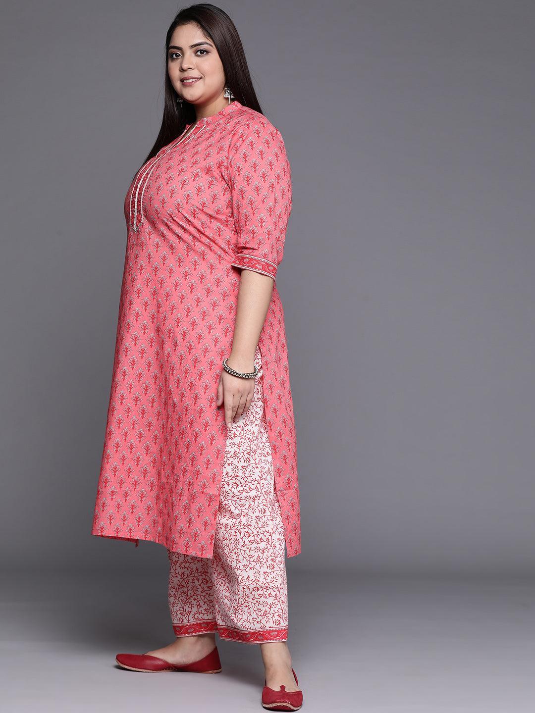 Plus Size Pink Printed Cotton Suit Set