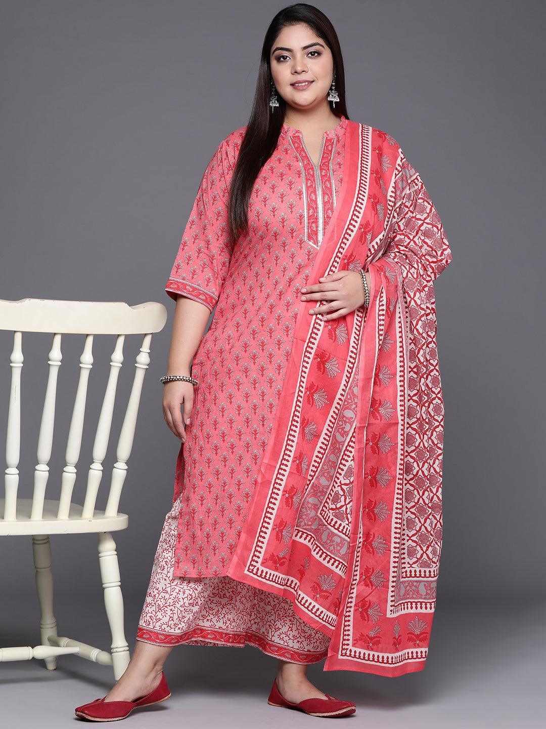 Plus Size Pink Printed Cotton Suit Set