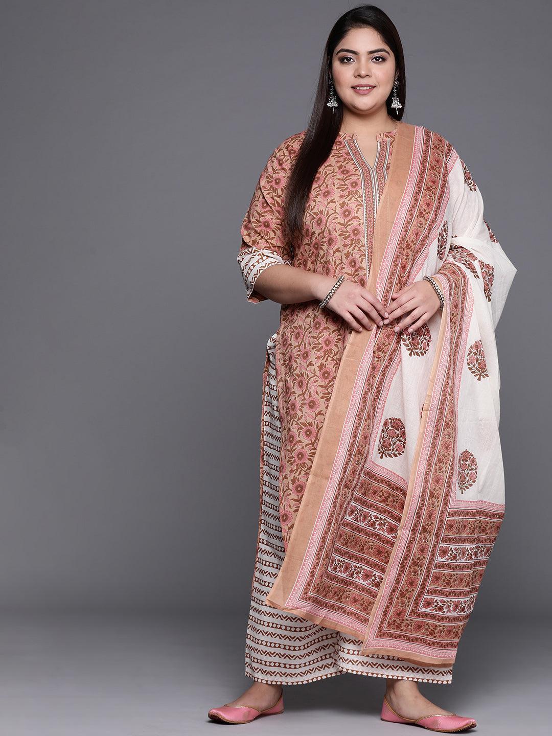 Plus Size Beige Printed Cotton Suit Set