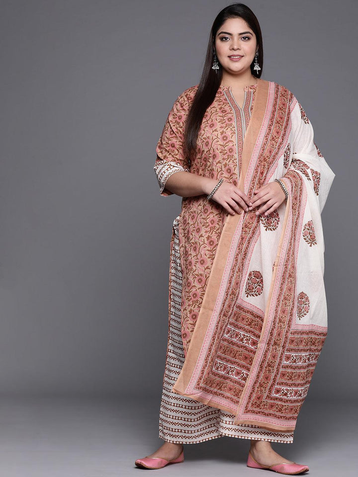 Plus Size Beige Printed Cotton Suit Set - ShopLibas