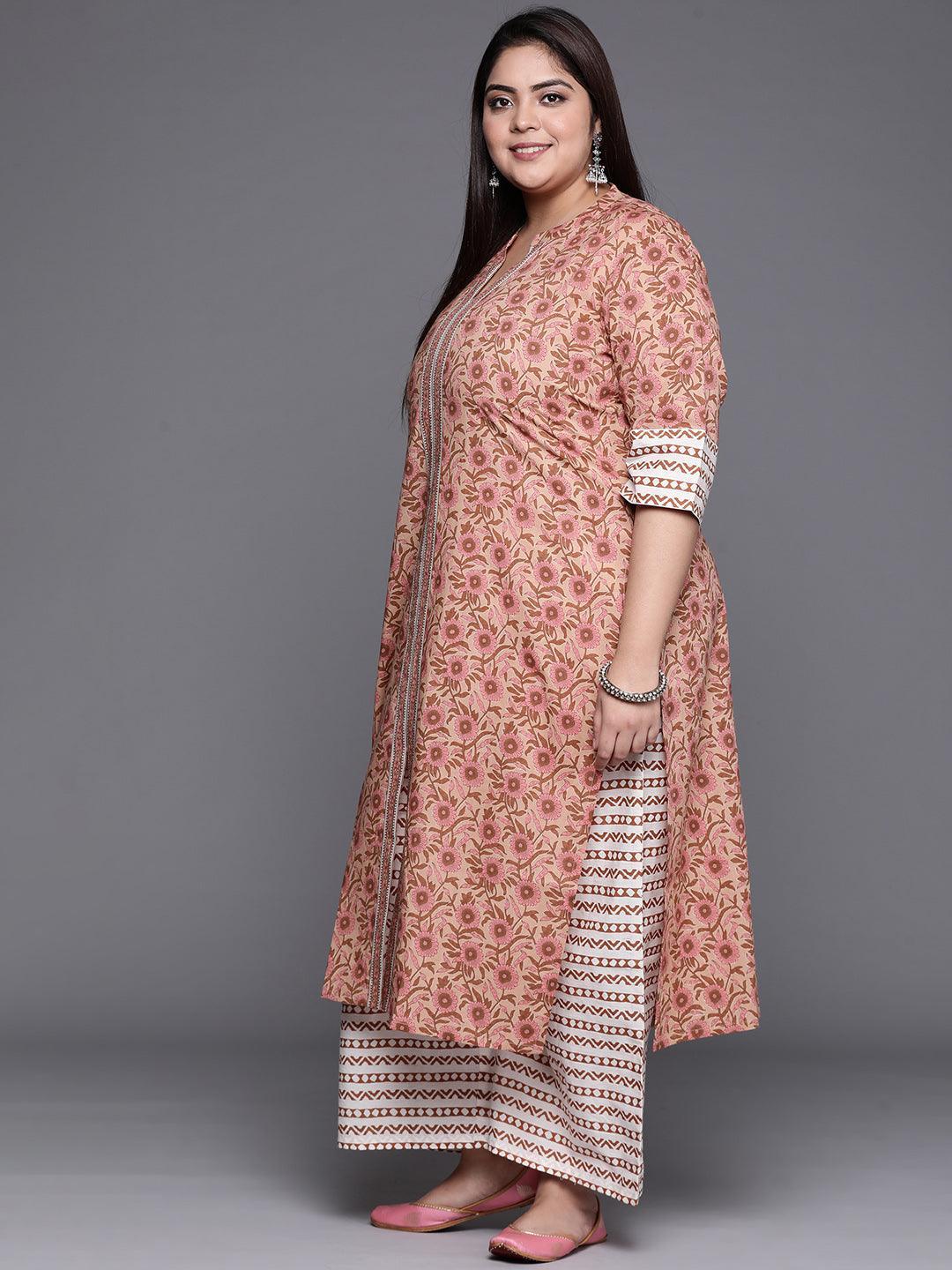 Plus Size Beige Printed Cotton Suit Set