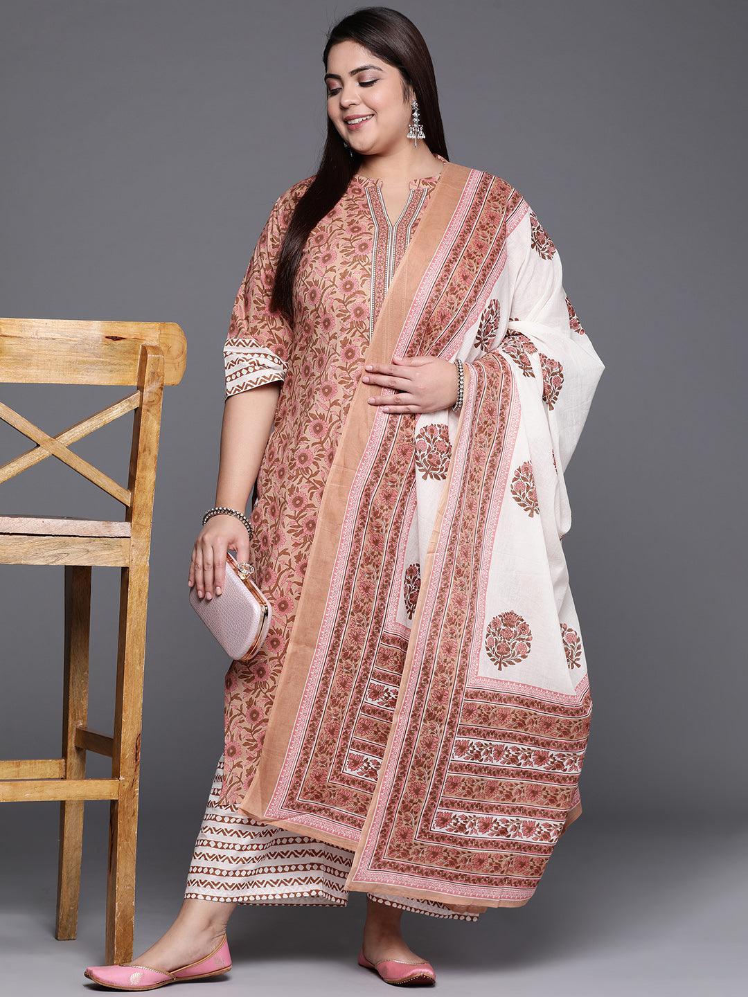 Plus Size Beige Printed Cotton Suit Set