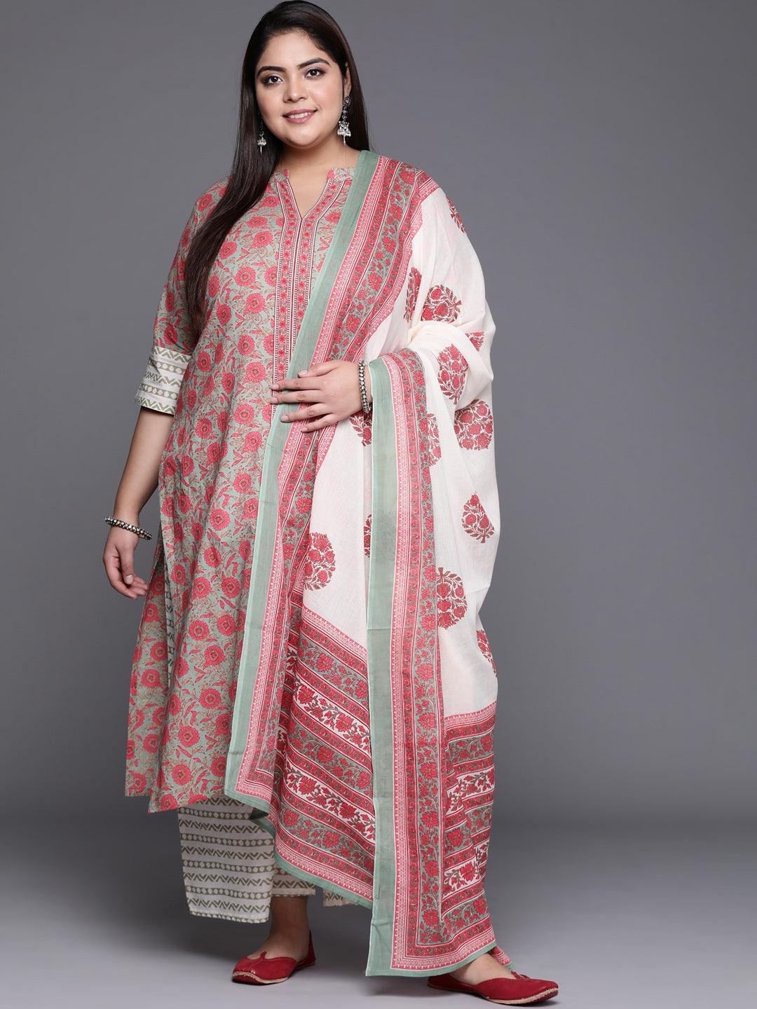 Plus Size Multicoloured Printed Cotton Suit Set