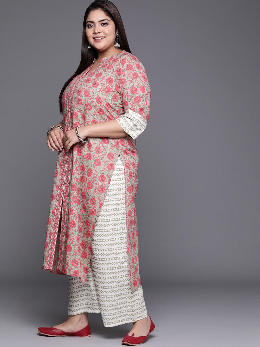 Plus Size Multicoloured Printed Cotton Suit Set