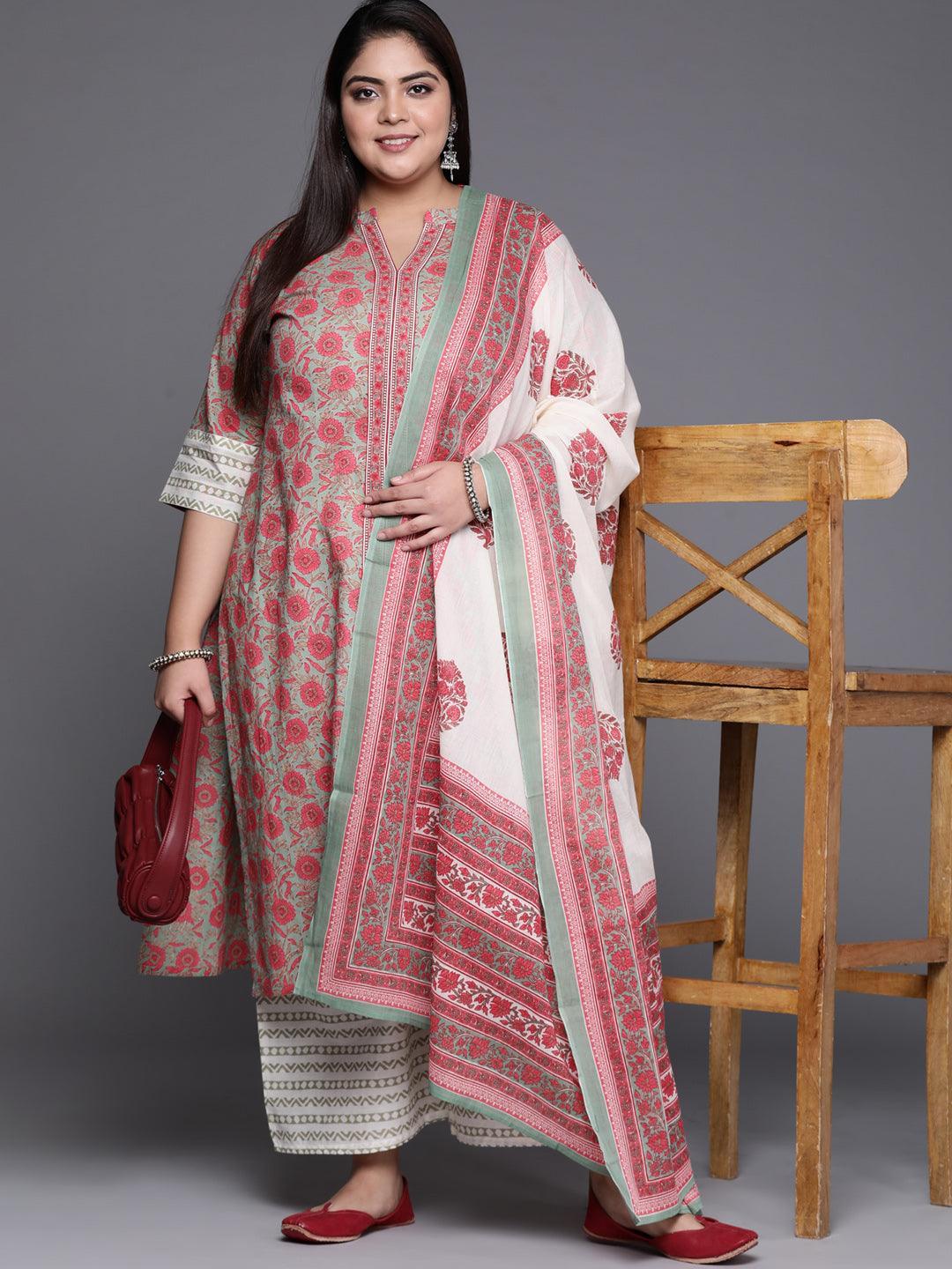 Plus Size Multicoloured Printed Cotton Suit Set