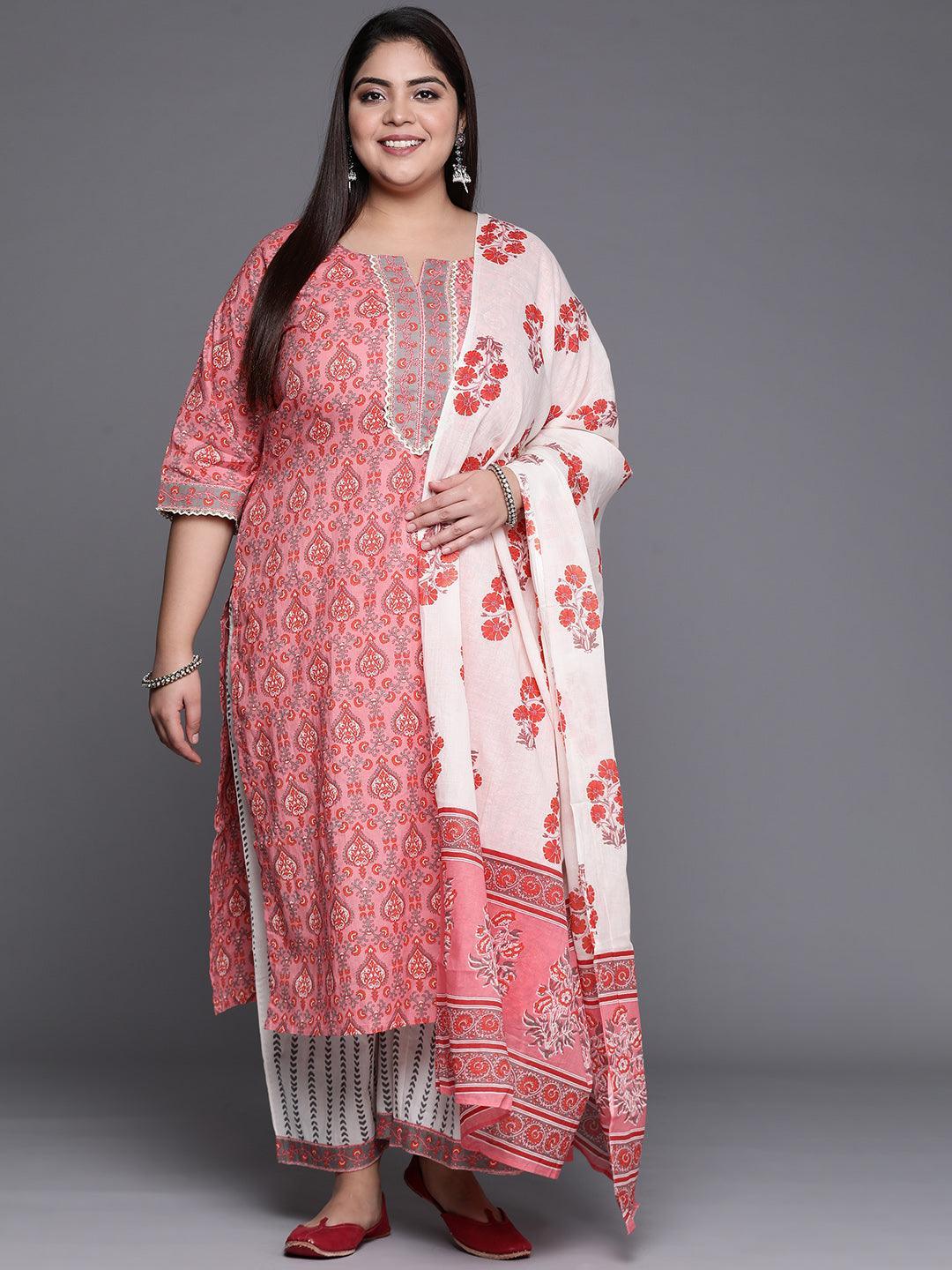 Plus Size Peach Printed Cotton Suit Set