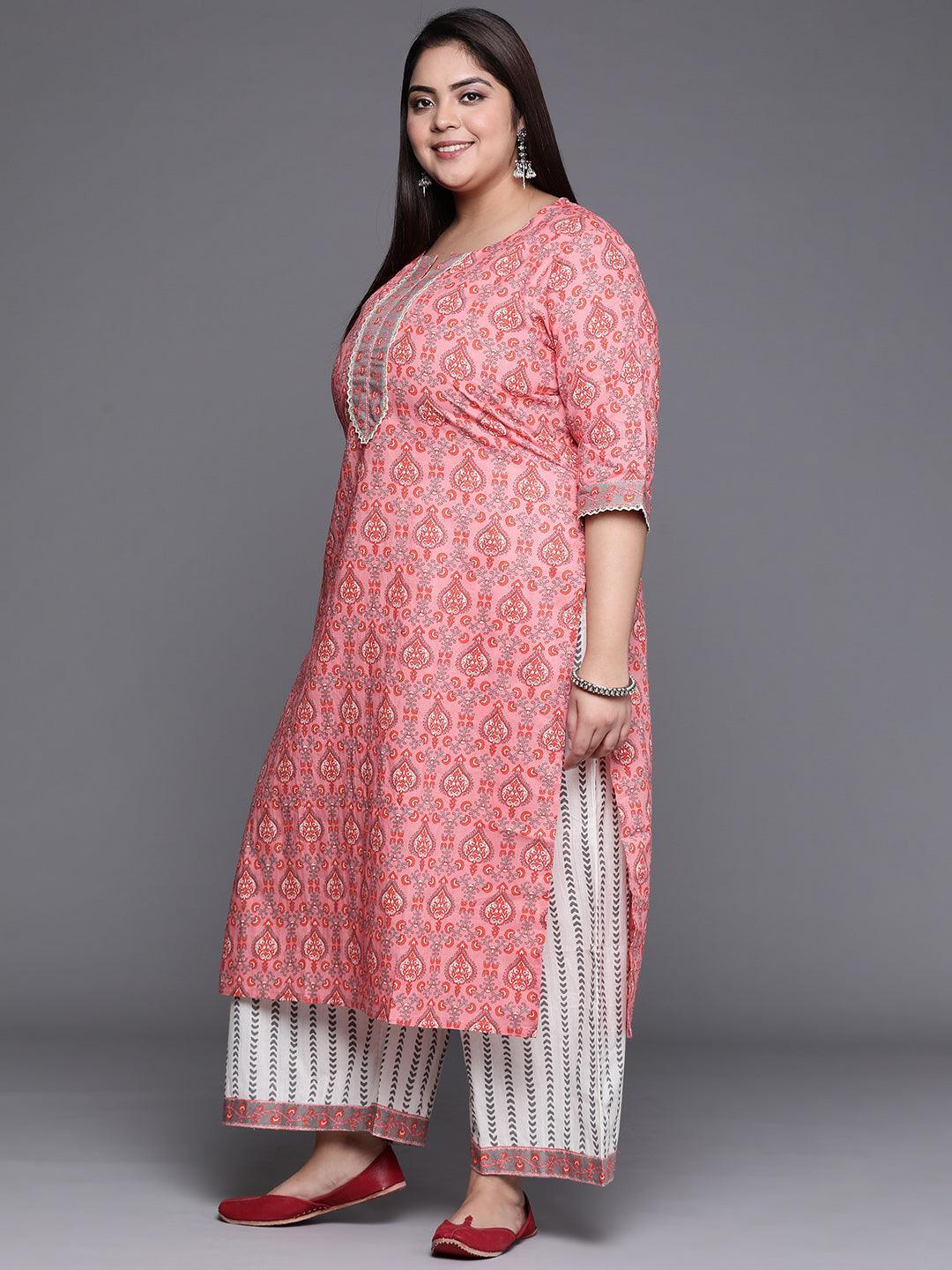 Plus Size Peach Printed Cotton Suit Set