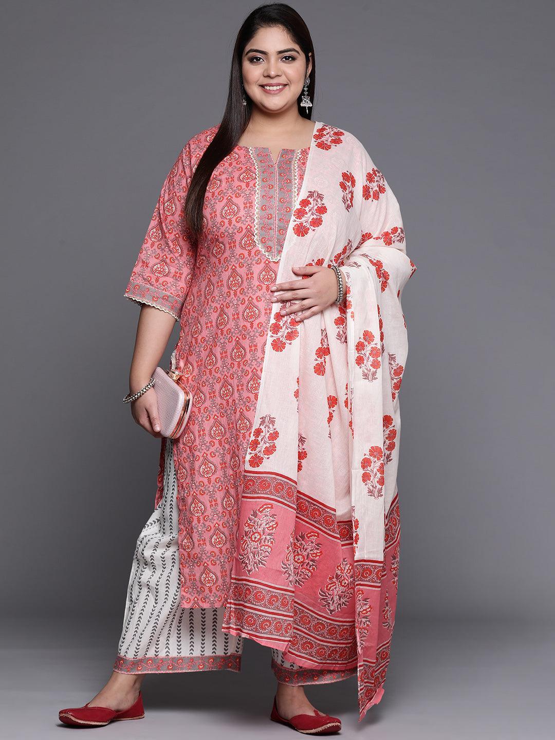 Plus Size Peach Printed Cotton Suit Set