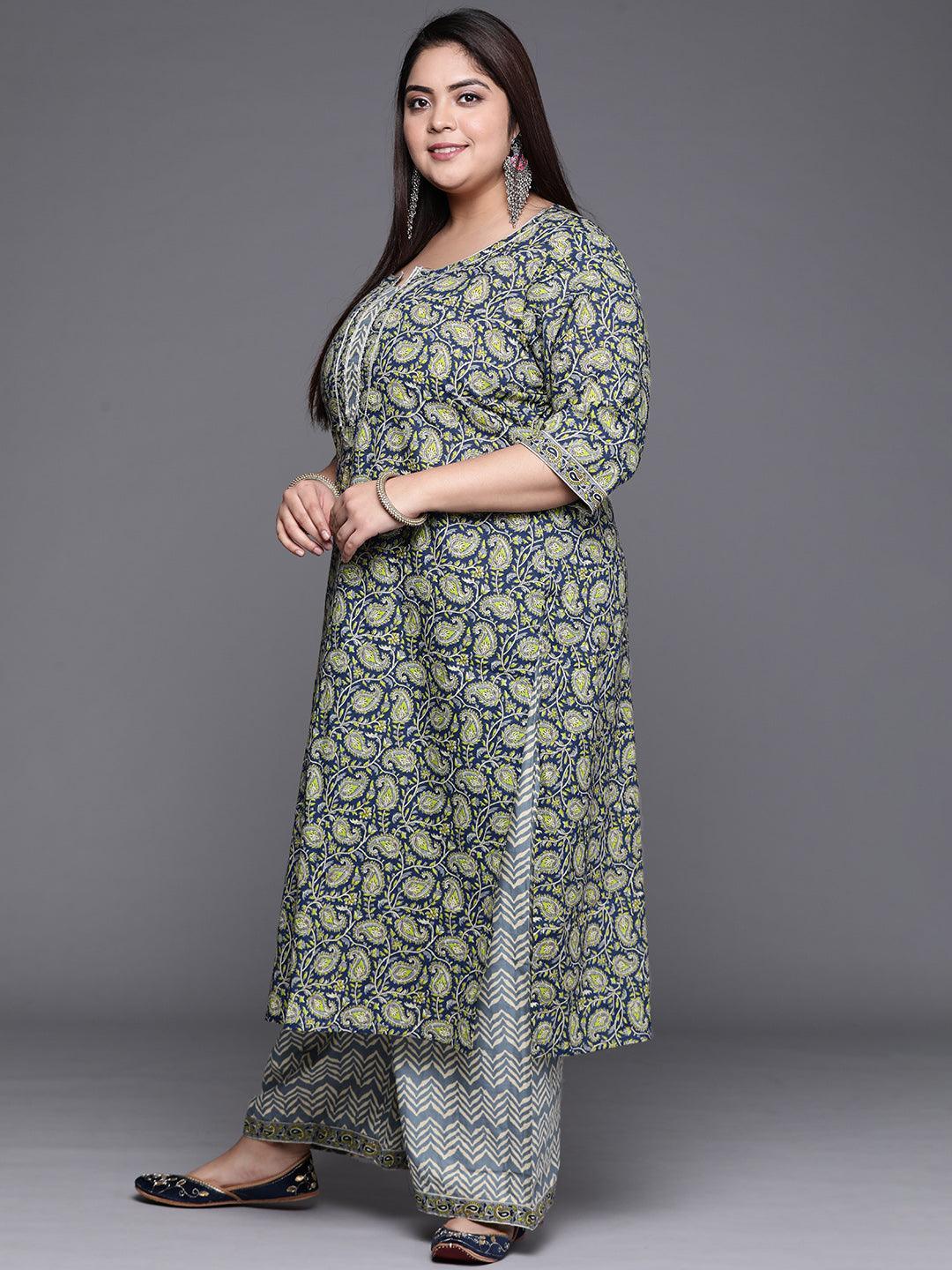 Plus Size Navy Blue Printed Cotton Suit Set