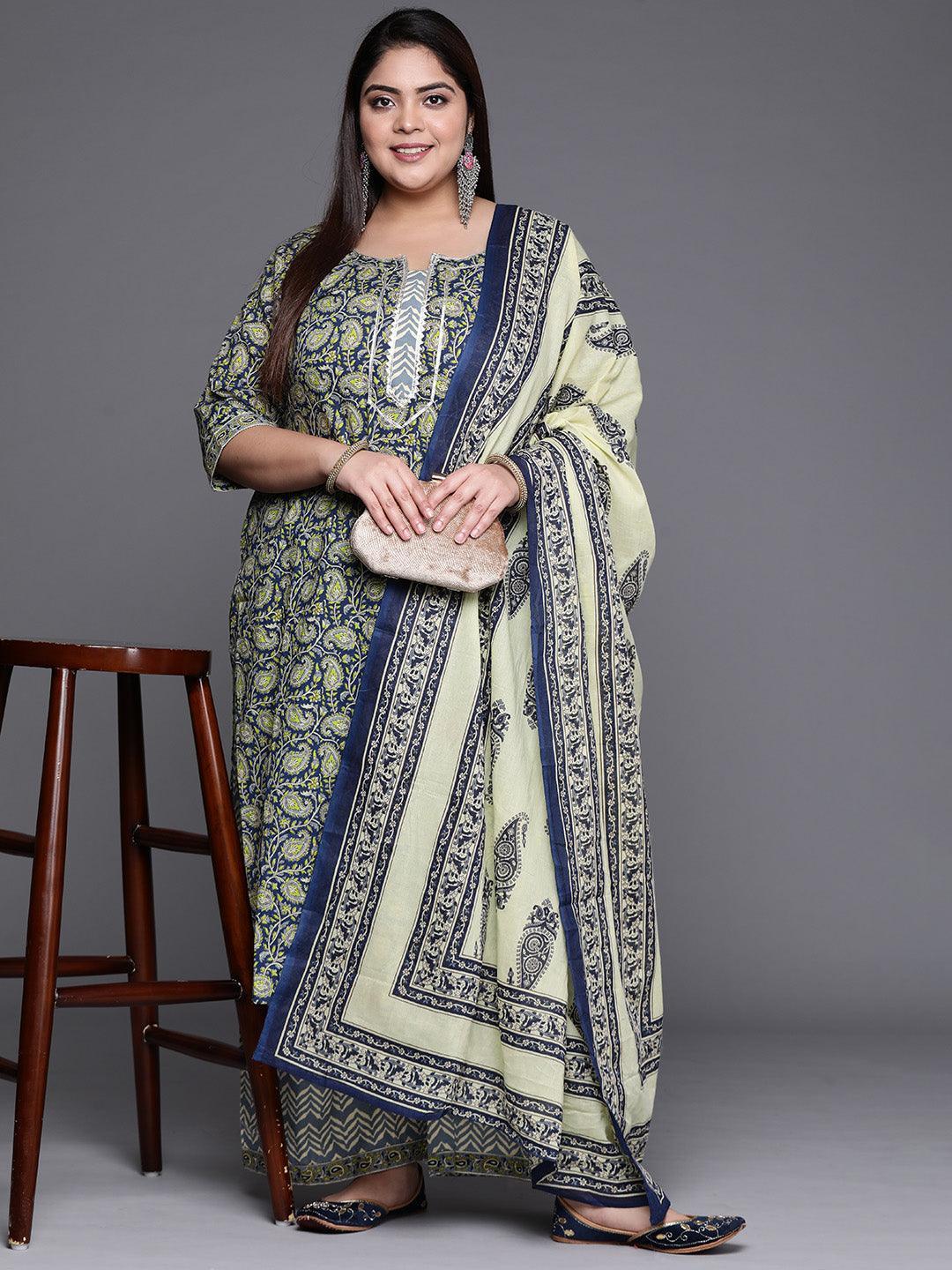 Plus Size Navy Blue Printed Cotton Suit Set