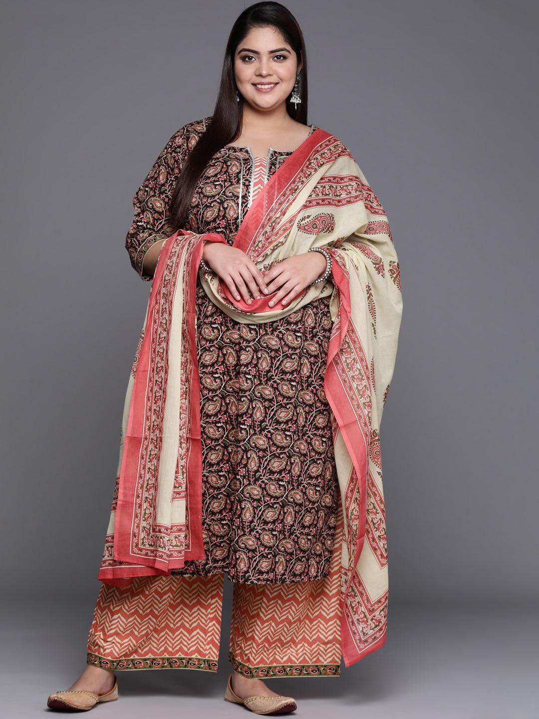 Plus Size Multicoloured Printed Cotton Suit Set