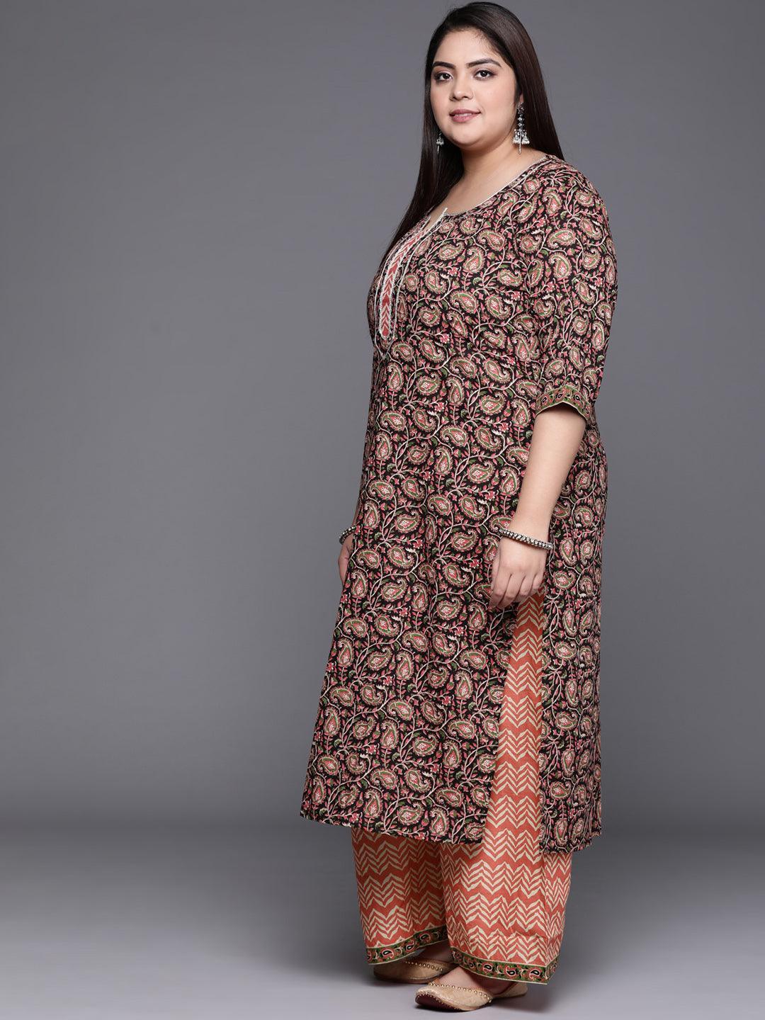 Plus Size Multicoloured Printed Cotton Suit Set