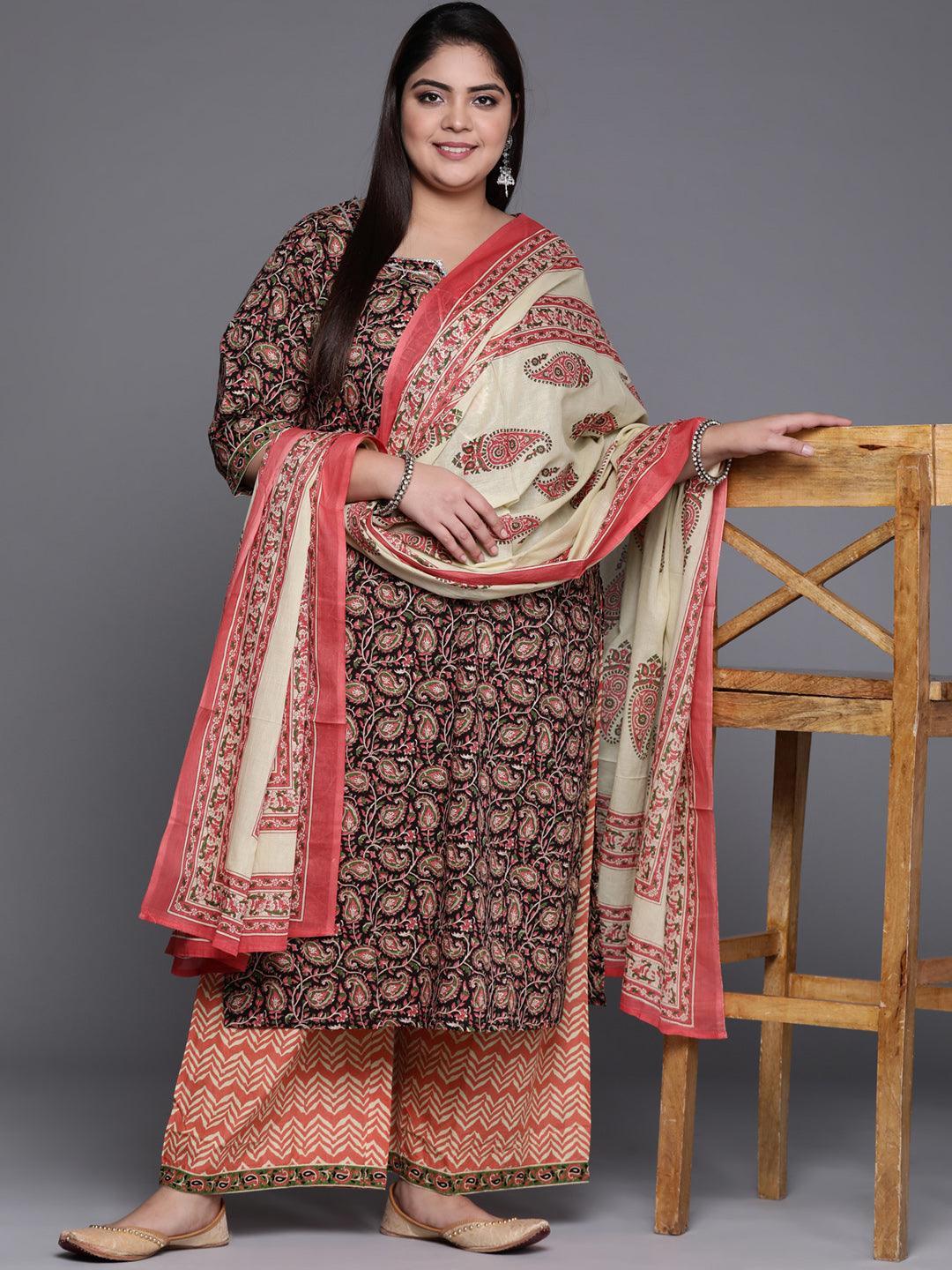 Plus Size Multicoloured Printed Cotton Suit Set