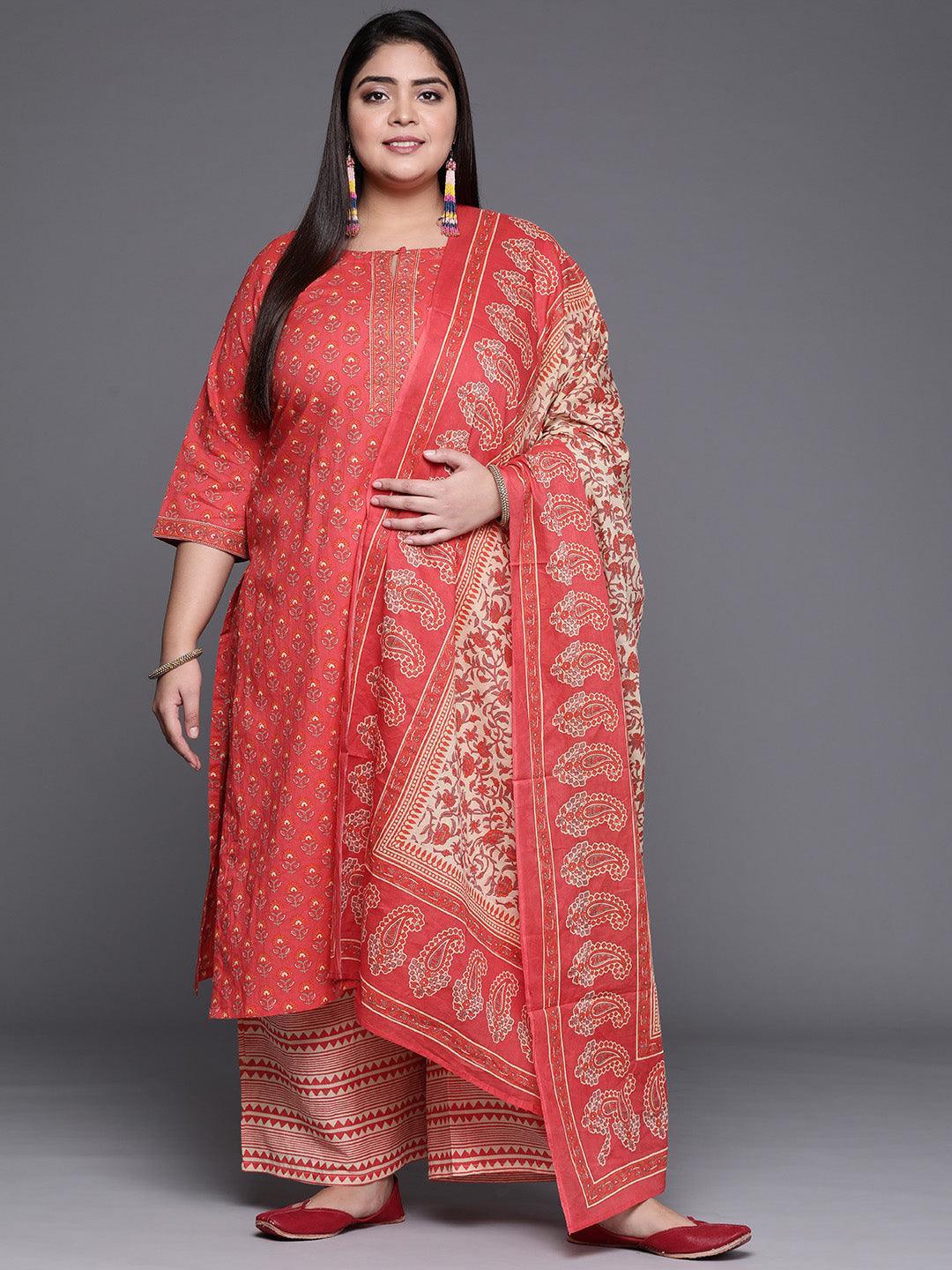 Plus Size Coral Printed Cotton Suit Set - ShopLibas