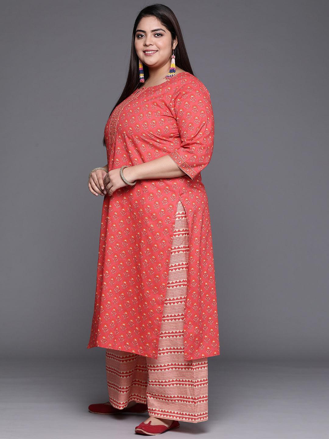 Plus Size Coral Printed Cotton Suit Set - ShopLibas