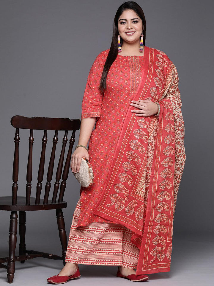 Plus Size Coral Printed Cotton Suit Set - ShopLibas