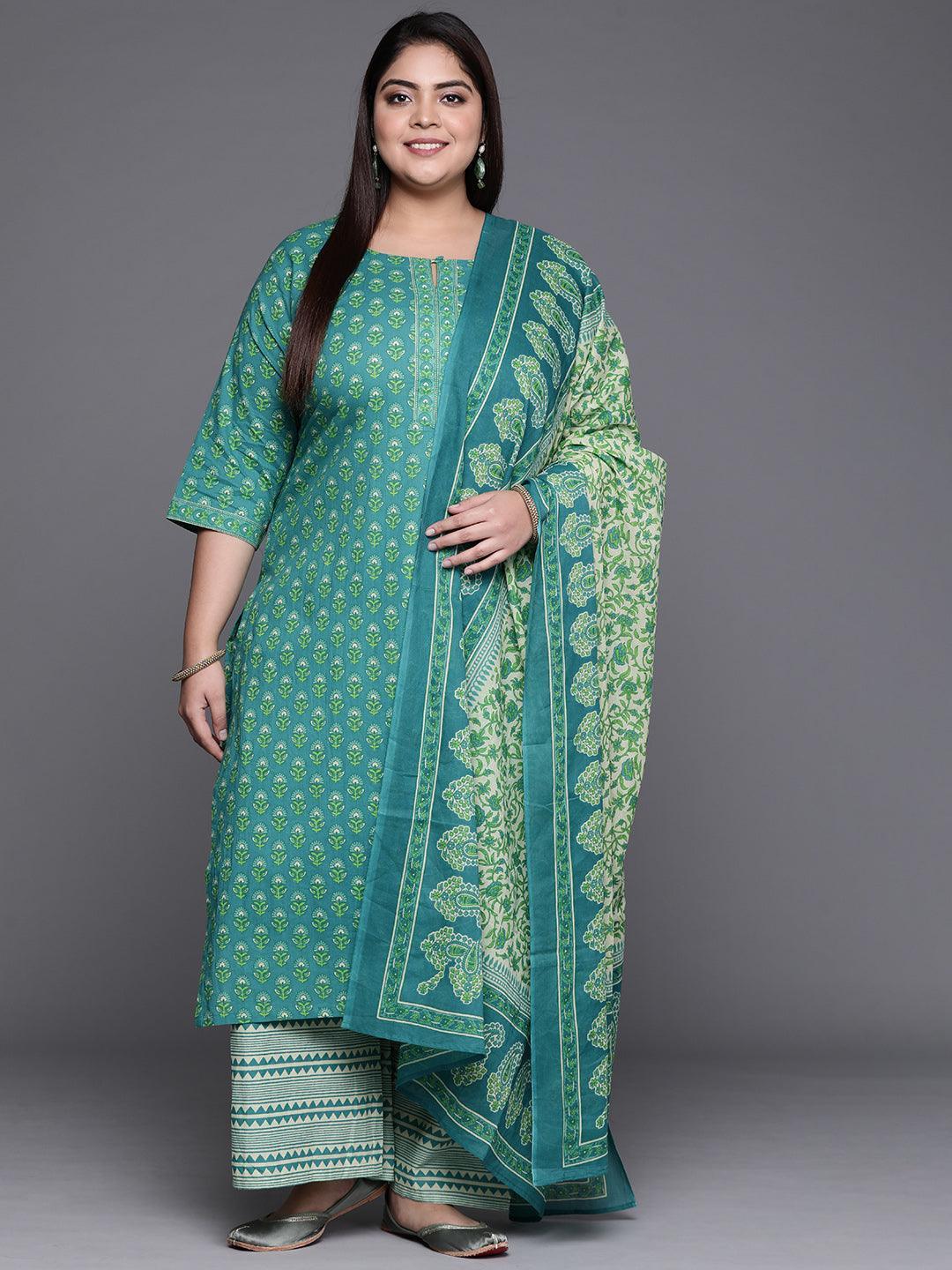 Plus Size Blue Printed Cotton Suit Set - ShopLibas