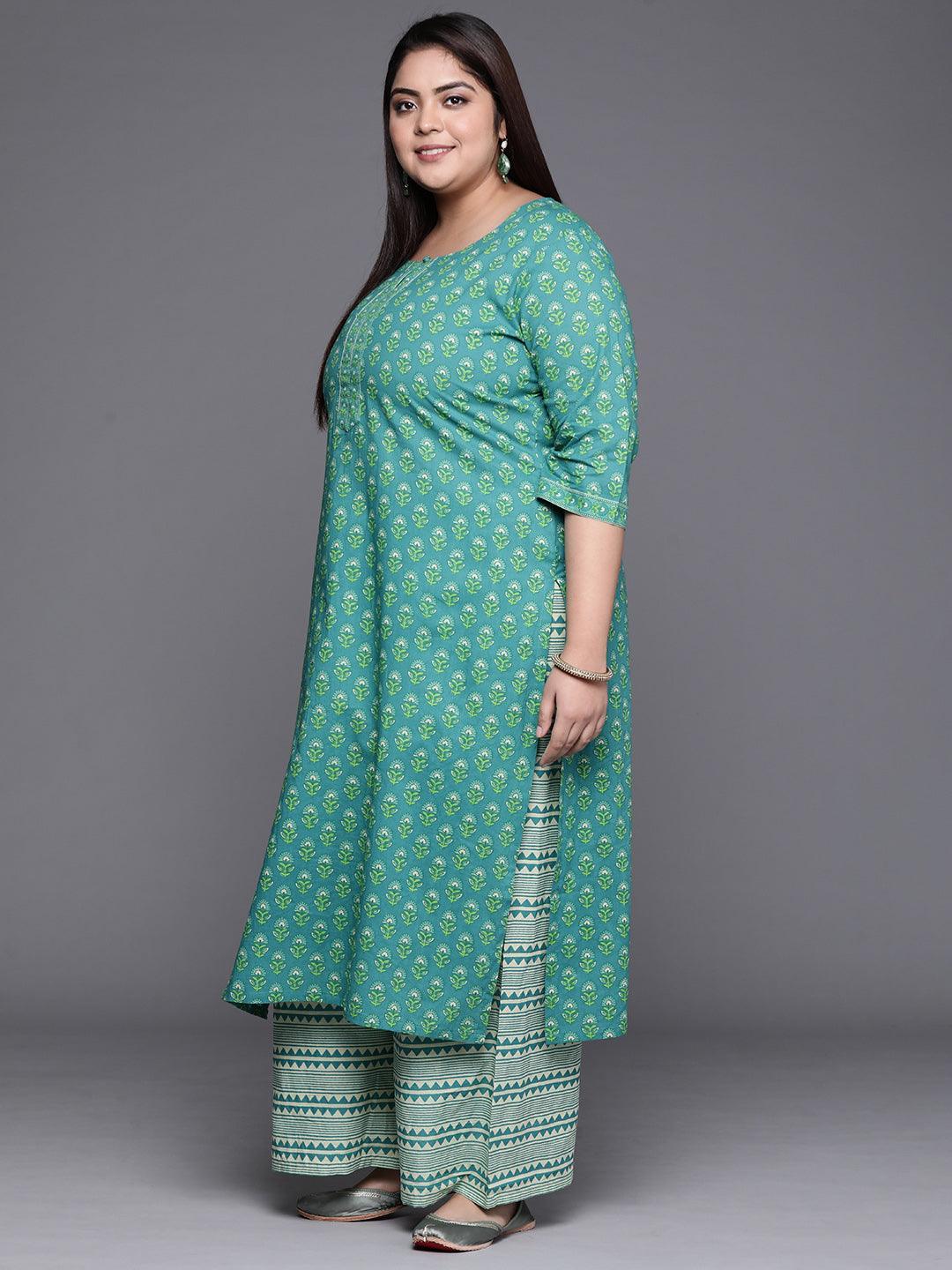 Plus Size Blue Printed Cotton Suit Set