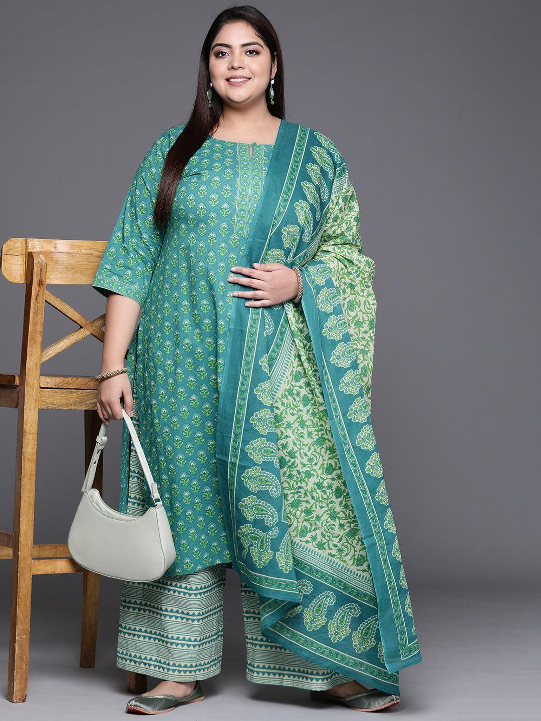 Plus Size Blue Printed Cotton Suit Set