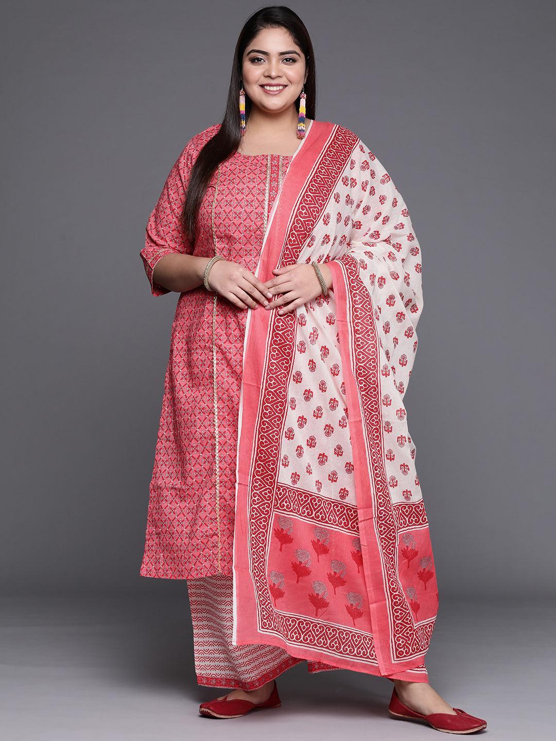 Plus Size Pink Printed Cotton Suit Set