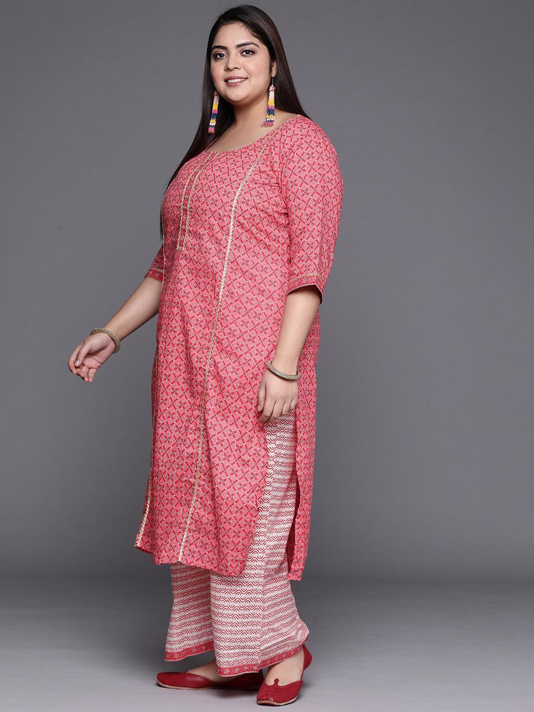 Plus Size Pink Printed Cotton Suit Set