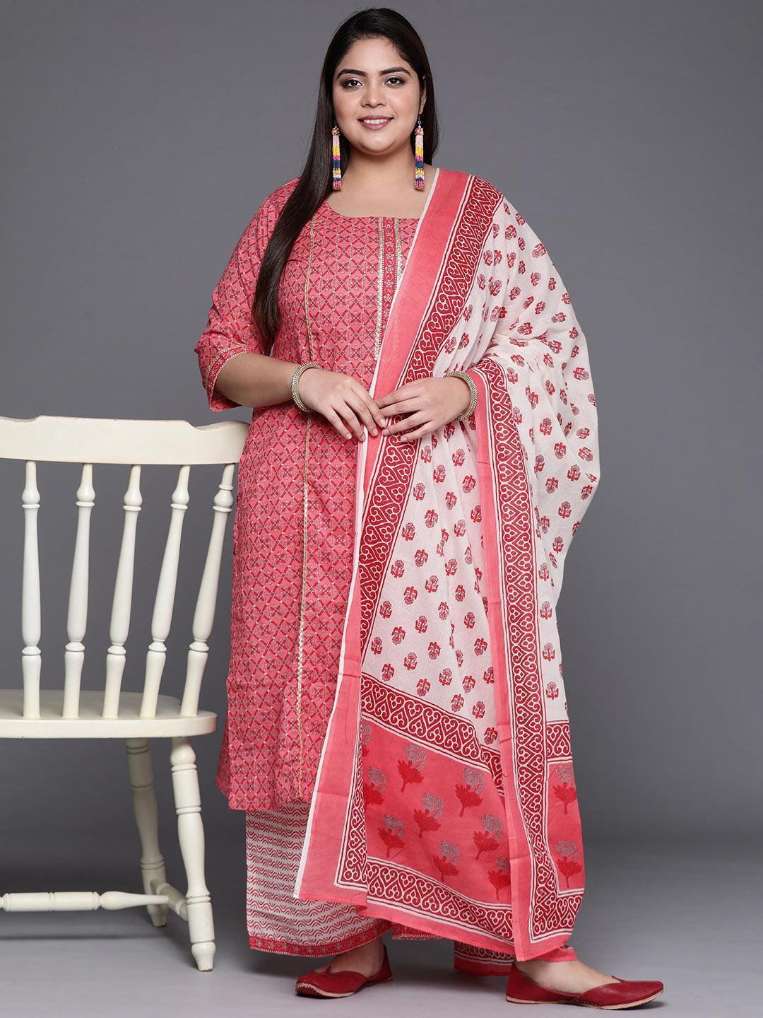 Plus Size Pink Printed Cotton Suit Set