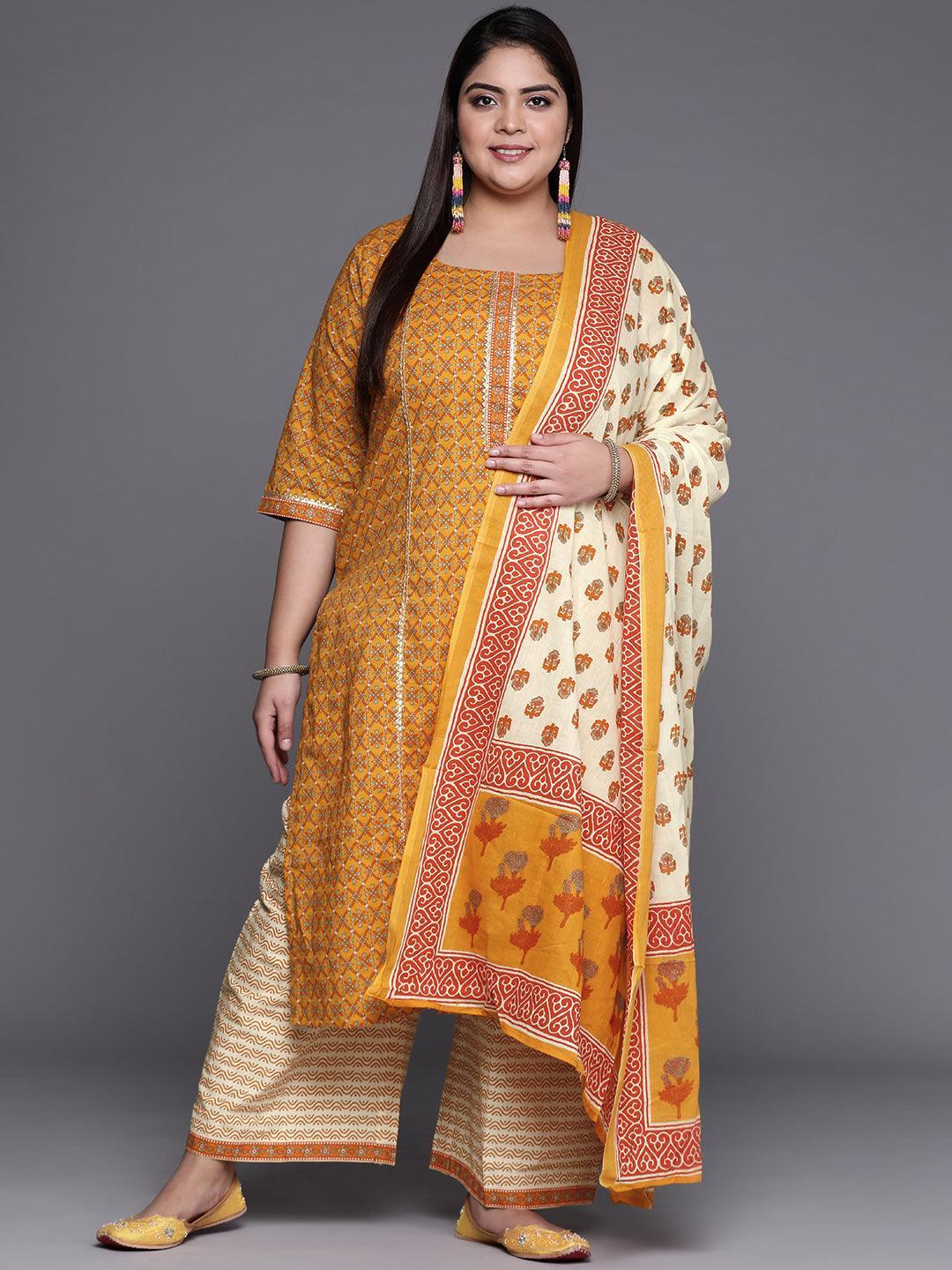 Plus Size Yellow Printed Cotton Suit Set