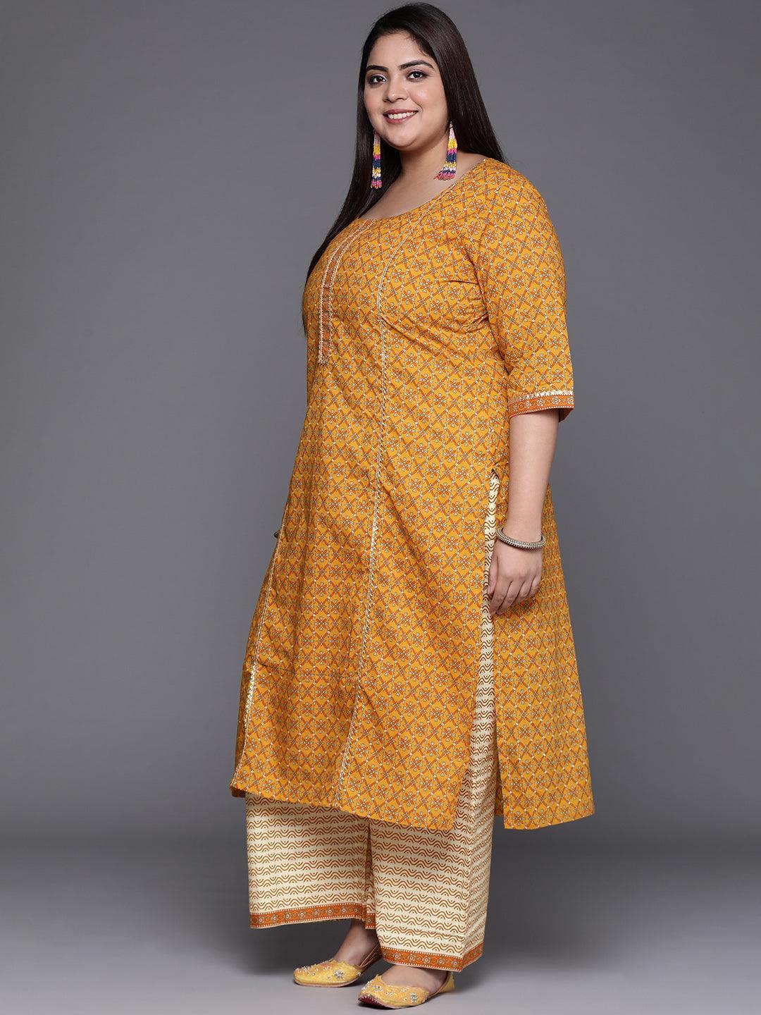 Plus Size Yellow Printed Cotton Suit Set