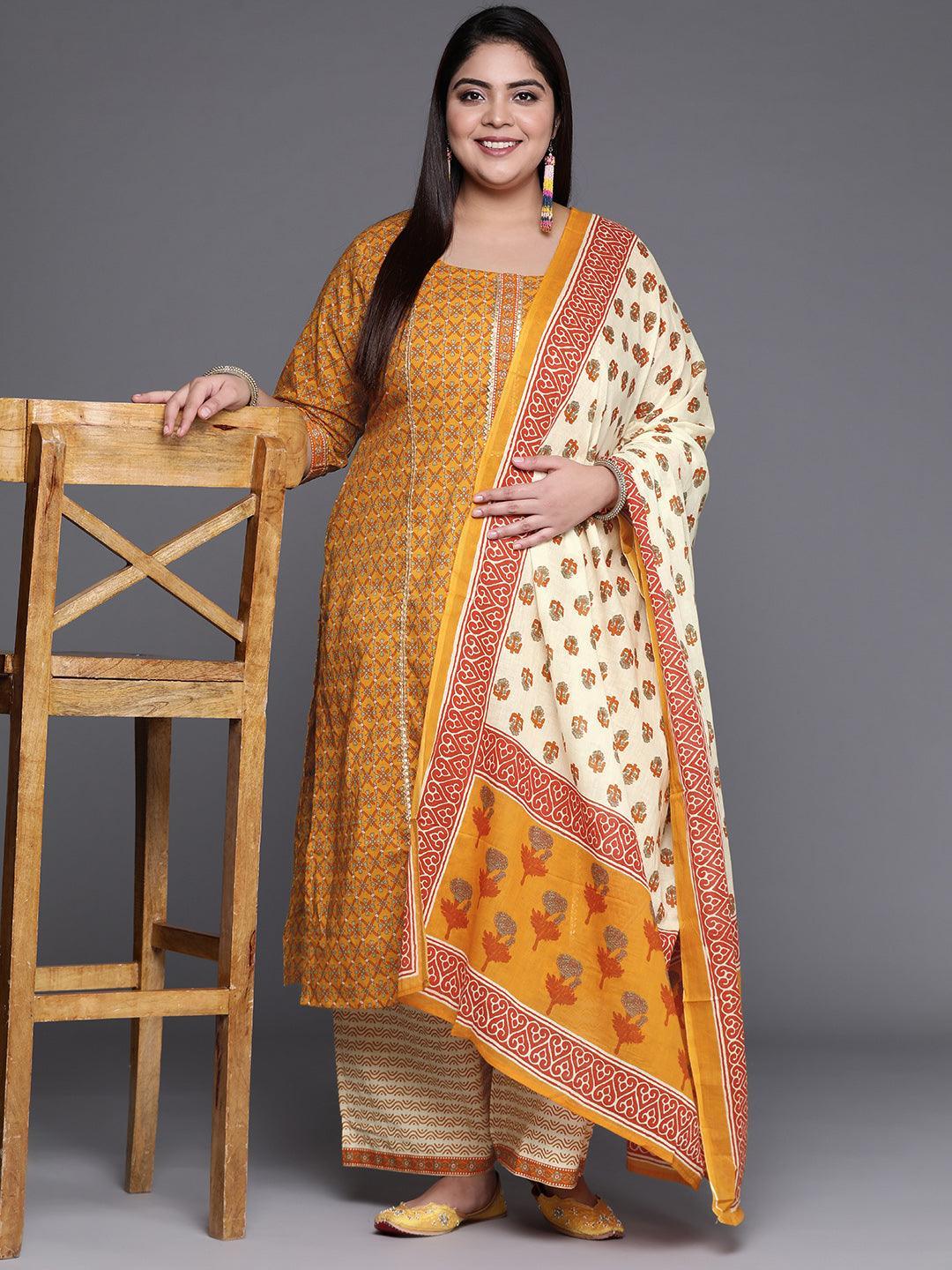 Plus Size Yellow Printed Cotton Suit Set