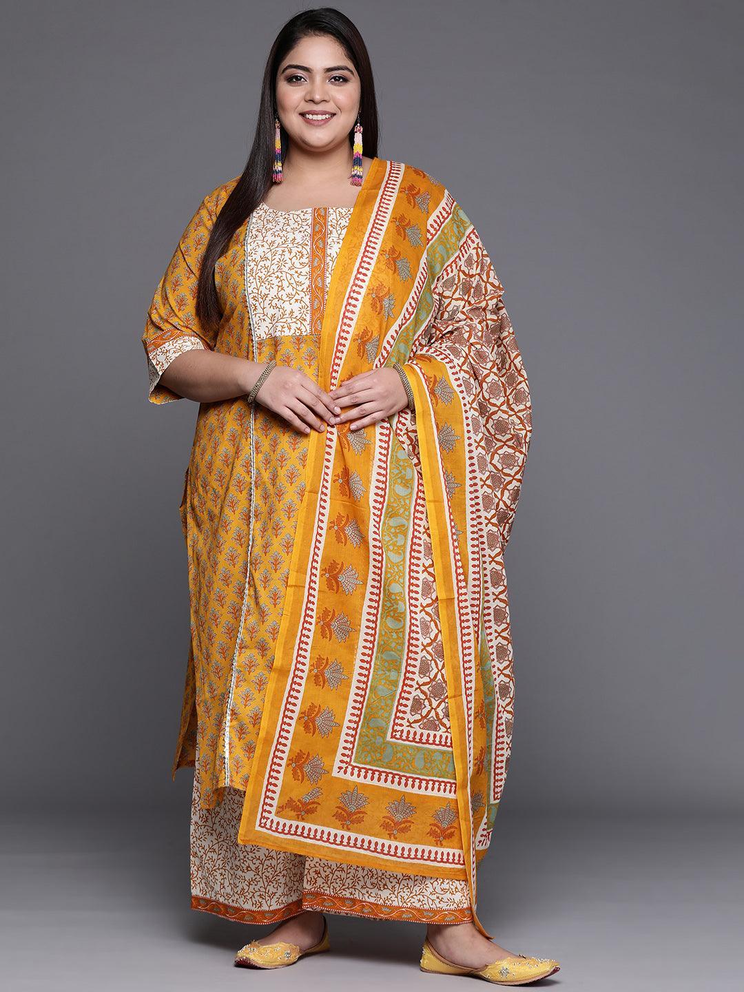 Plus Size Yellow Printed Cotton Suit Set