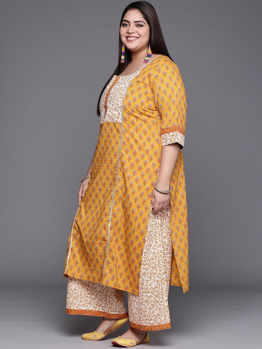 Plus Size Yellow Printed Cotton Suit Set